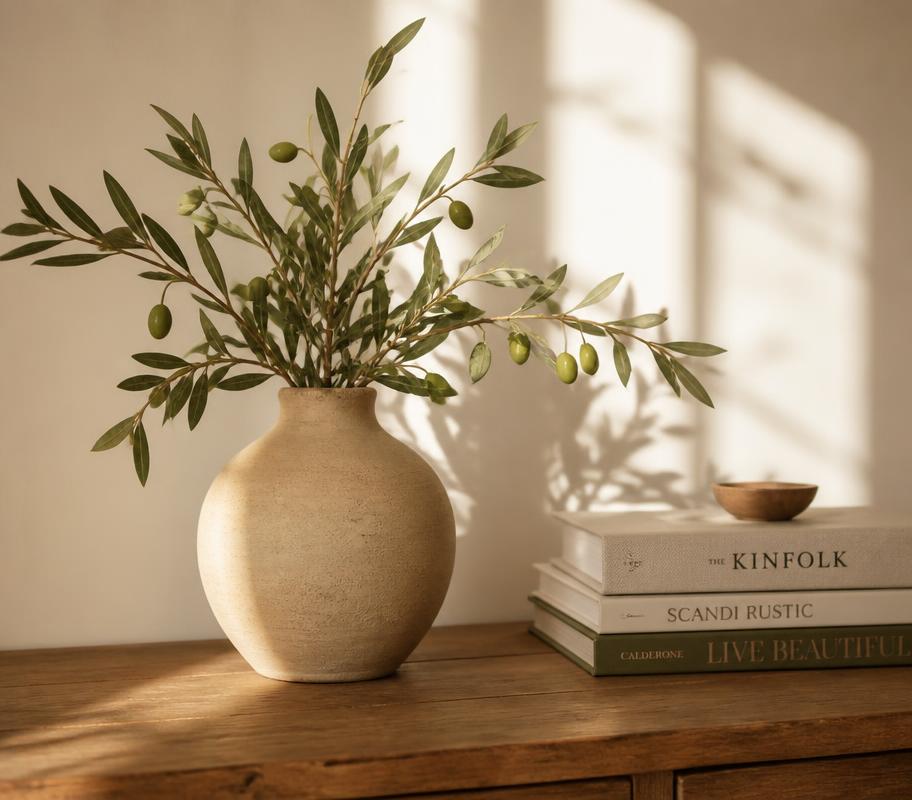 Ceramic vase with olive branches on a wooden console